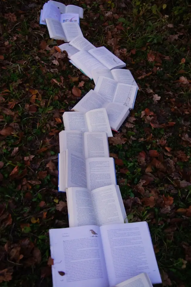 A winding path made of open books laid out on grass and fallen autumn leaves.